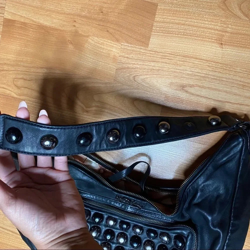 2000s Betsey Johnson Leather Studded Hobo Bag - Picture 2 of 11